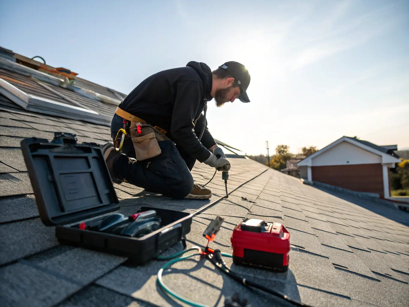 A wide shot of a technician performing routine maintenance on a roof, including cleaning debris and inspecting for potential issues. The image should convey preventative care and long-term protection.