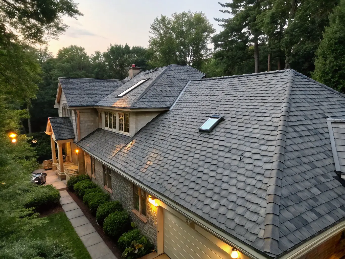 A high-angle shot of a newly installed roof on a residential home, showcasing the quality shingles and precise installation work. The image should convey durability and aesthetic appeal.